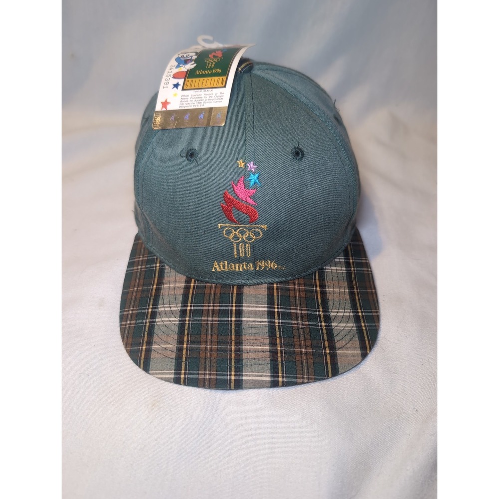NOS Vintage Forest Green 1996 Atlanta Olympics Plaid Bill Adjustable Cap Hat